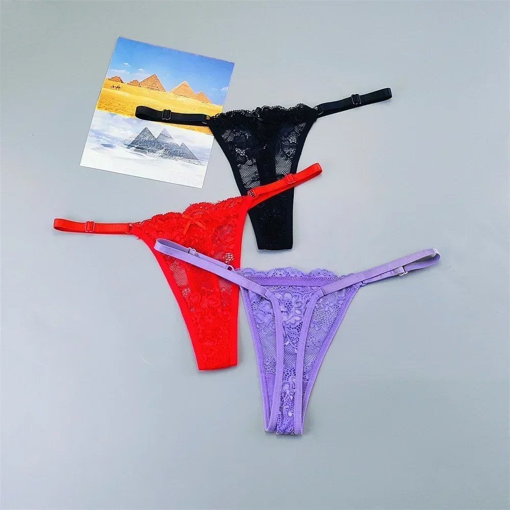 3PCS Einstellbare Sexy Transparent Tanga Höschen Frauen Spitze Unterwäsche Niedrige Taille Weibliche T-zurück String Unterhose